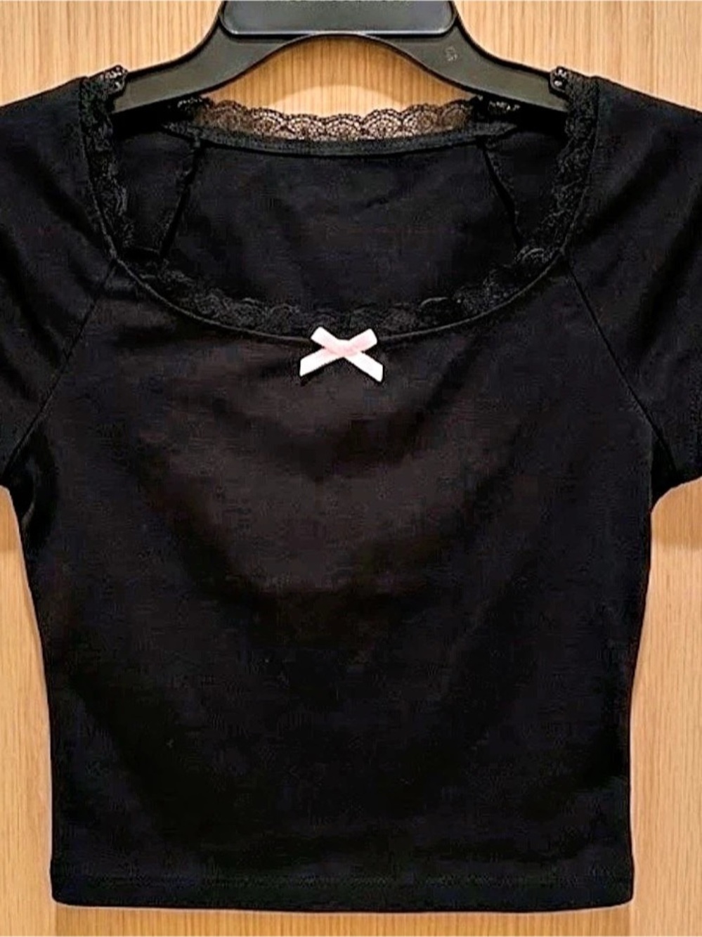 Black Lace Trim Short Sleeve Top Like New